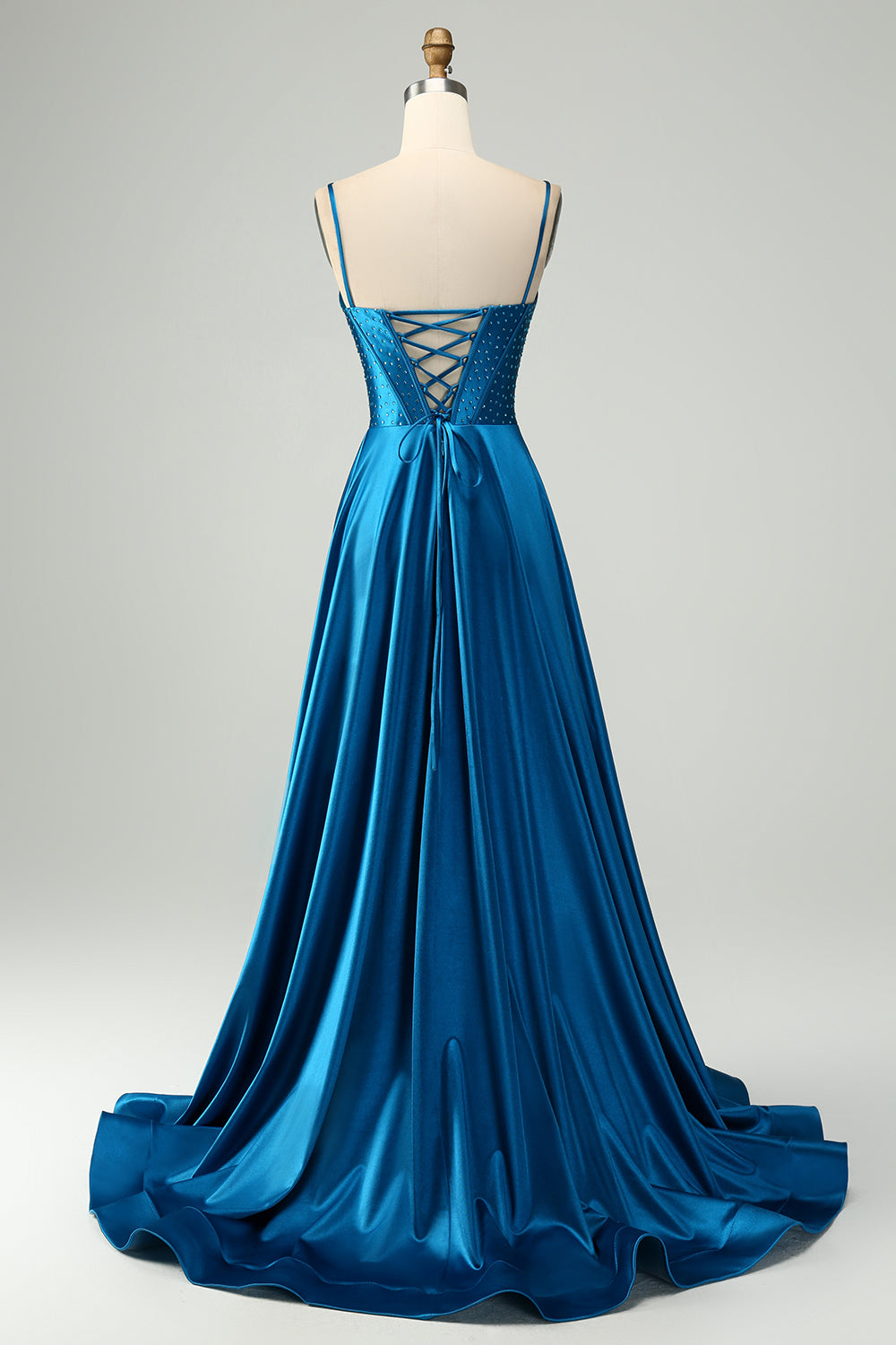 Luolandi Blue A-Line Spaghetti Straps Split Corset Prom Dress With Beading Sexy Evening Dresses