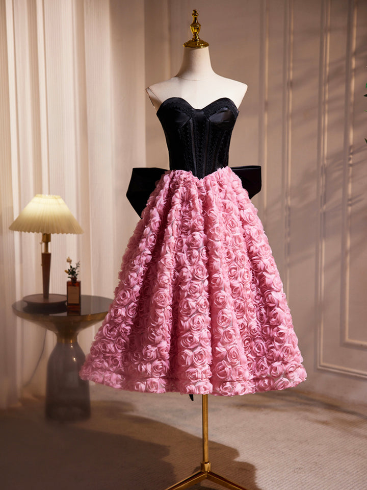 Luolandi Black Satin and Pink Ruffle Flower Short Prom Dress Lovely A-Line Strapless Bow Party Cocktail Dress Beautiful