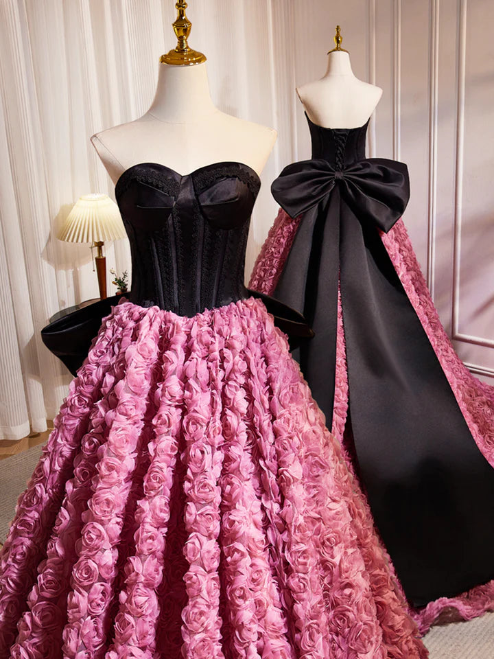 Luolandi Black Satin and Pink Ruffle Flower Long Prom Dress Lovely A-Line Strapless Bow Party Evening Dress Off Shoulder