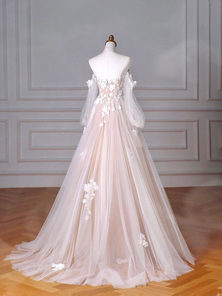 Luolandi Tulle Lace Sweetheart Neck Long Formal Dress A-Line Puff Sleeves Party Dress With Flowers