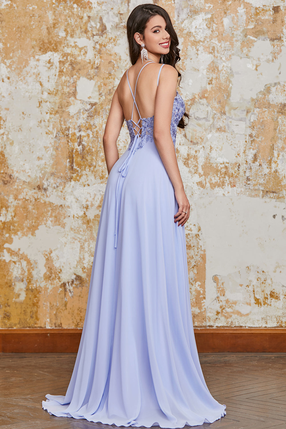 Luolandi Lavender A Line Spaghetti Straps Criss Cross Back Long Prom Dress with Slit Sexy Evening Dresses