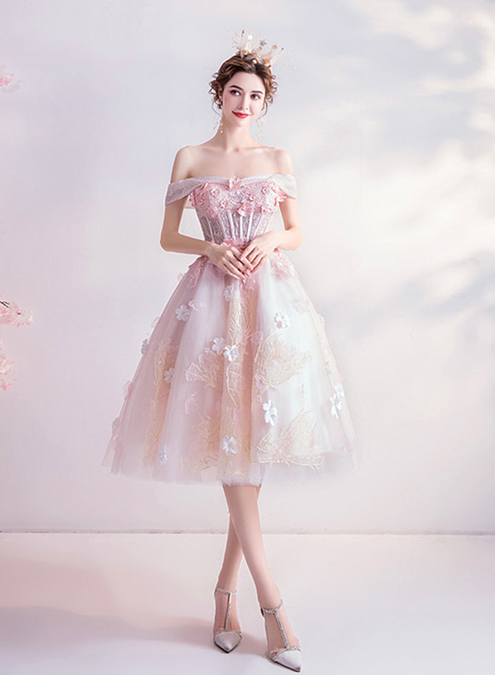 Luolandi Sweet A Line Lace Short Prom Dresses Off the Shoulder Birthday Party Dress Pretty Homecoming Dress With Flowers