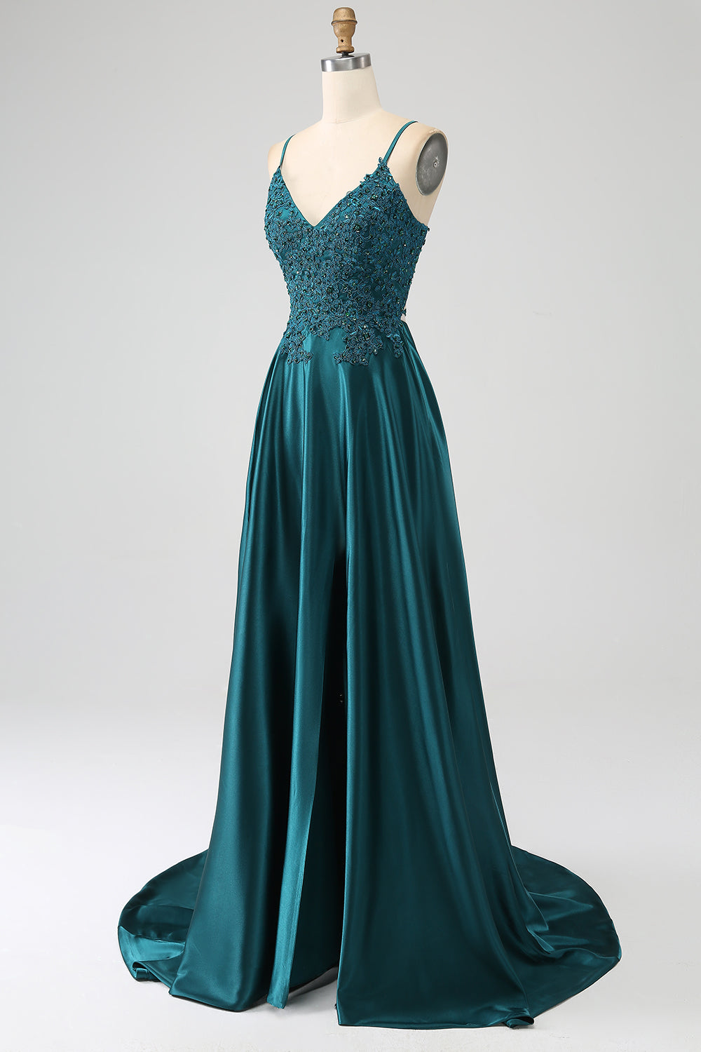 Luolandi Peacock Green A-Line Spaghetti Straps Backless Prom Dress with Slit Sexy Evening Dresses