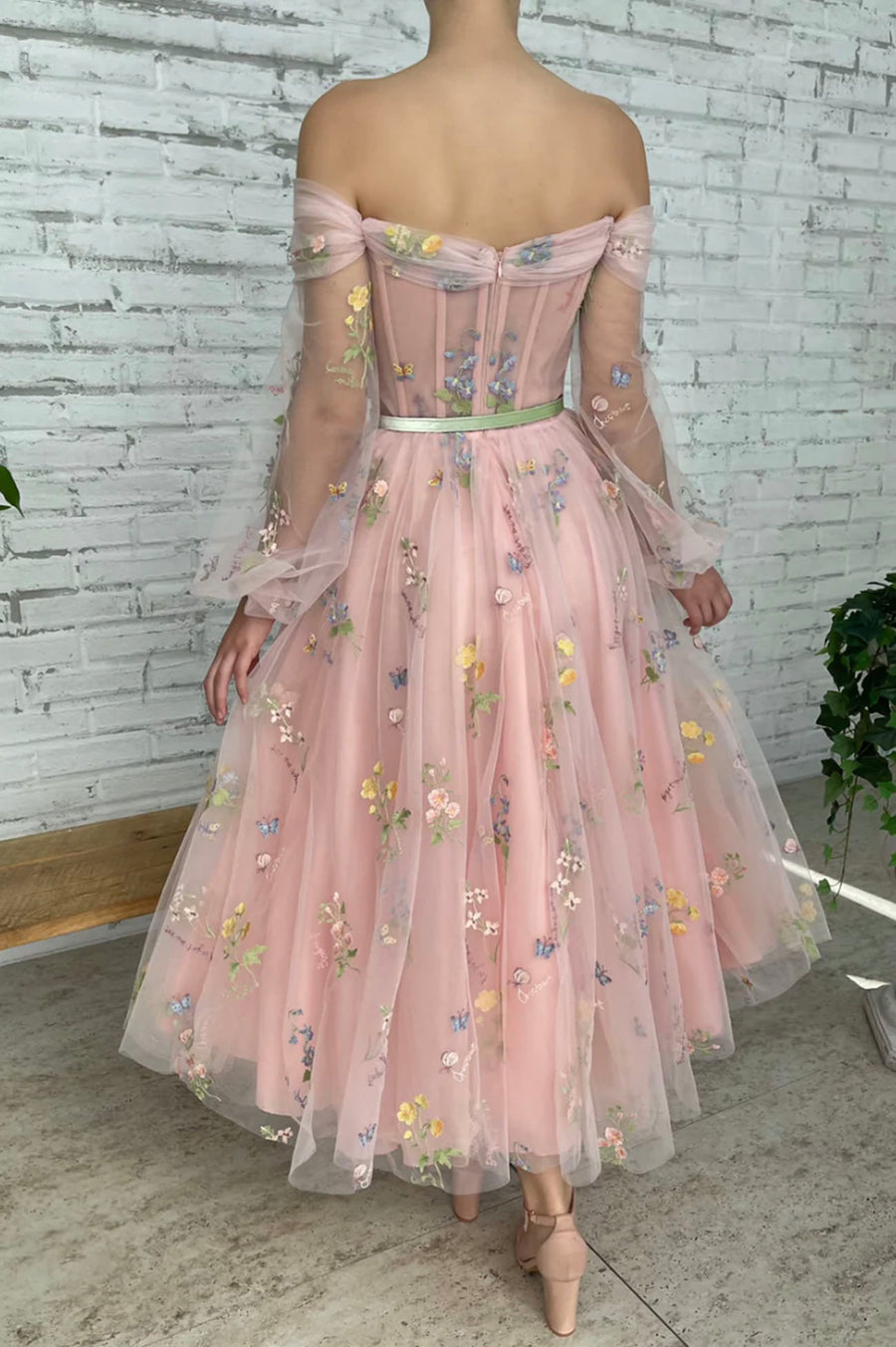 Luolandi Pink Lace Long Sleeve Prom Dres Cute A-Line Off the Shoulder Evening Dress With Flowers