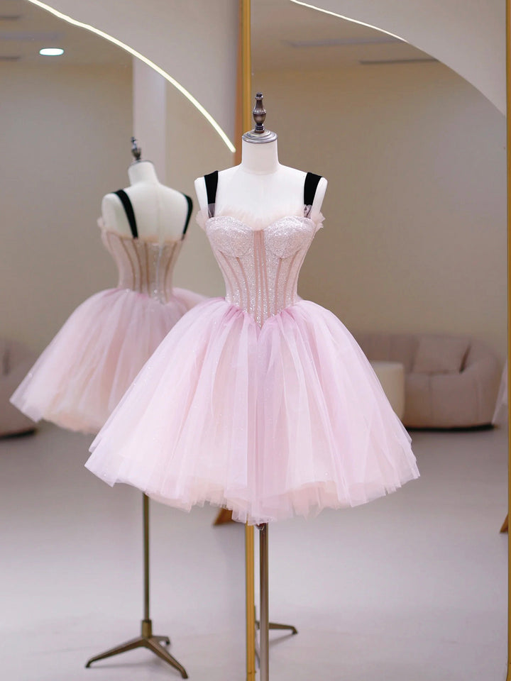 Luolandi Pink Tulle Sequins Sweetheart Short Prom Dress Pink Straps Party Dress Homecoming Dresses