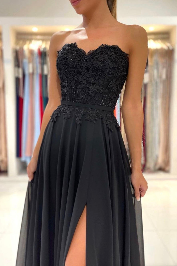 Luolandi Black Chiffon Lace Long Prom Dresses A-Line Strapless Evening Dresses Sexy