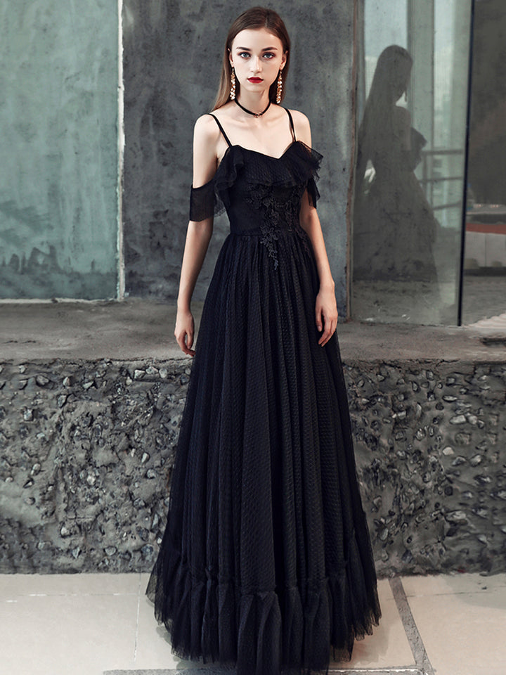 Luolandi Black Spaghetti Strap Tulle Floor Length Formal Dress A-Line Black Party Dress with Lace Sexy