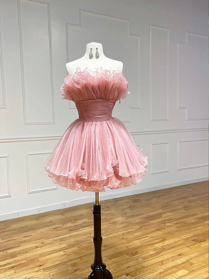 Luolandi Pink Strapless Tulle Short Prom Dress Cute A-Line Homecoming Dress Off Shoulder