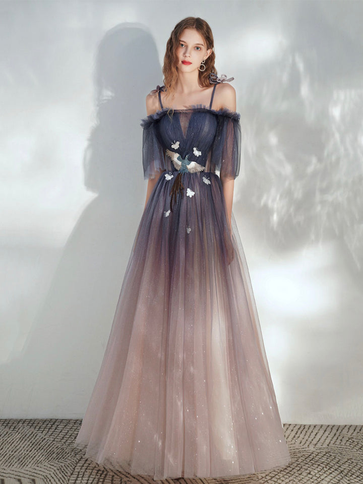 Luolandi Blue Gradient Tulle Long Prom Dress Lovely Spaghetti Strap Evening Dress Sparkly