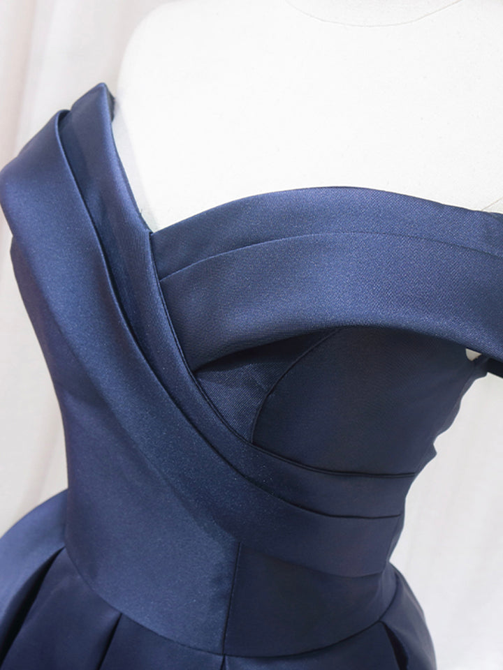 Luolandi Blue V-neckline Satin Off Shoulder Party Dress A-Line Short Evening Prom Dress Homecoming Dresses