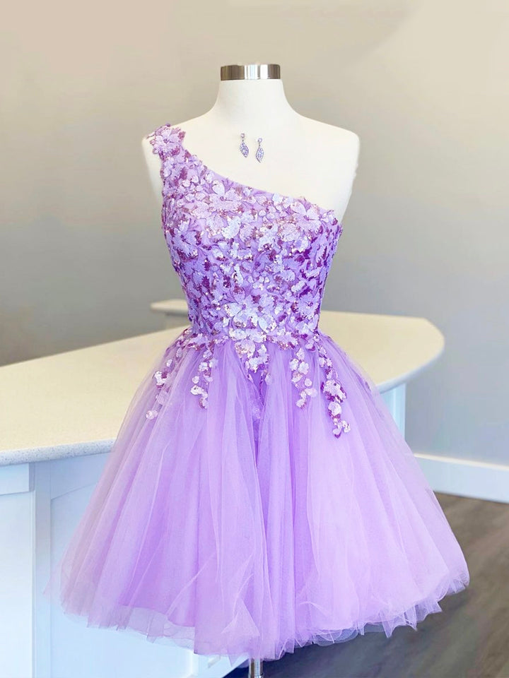 Luolandi Cute Tulle Sequins Short Prom Dress Purple One Shoulder Party Dress Homecoming Dresses