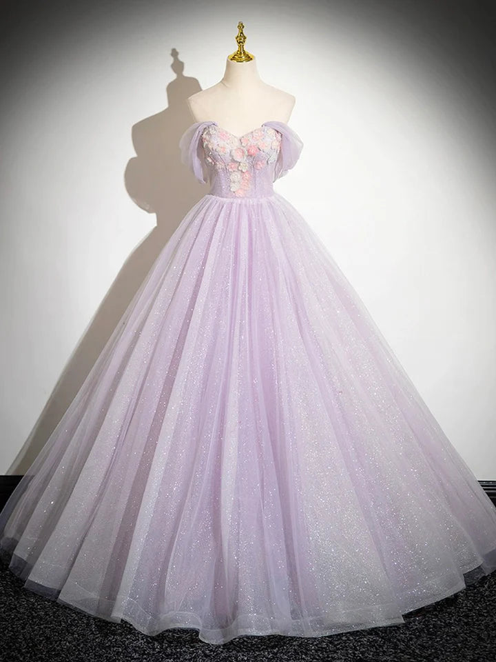 Luolandi Lilac Tulle Long Fairy Flower Prom Dress Beautiful A-Line Graduation Evening Dress Sweet 16 Dress With Flowers