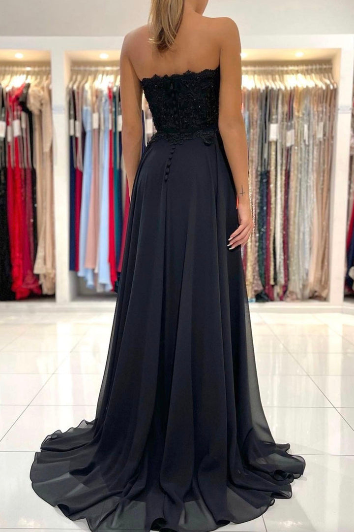 Luolandi Black Chiffon Lace Long Prom Dresses A-Line Strapless Evening Dresses Sexy
