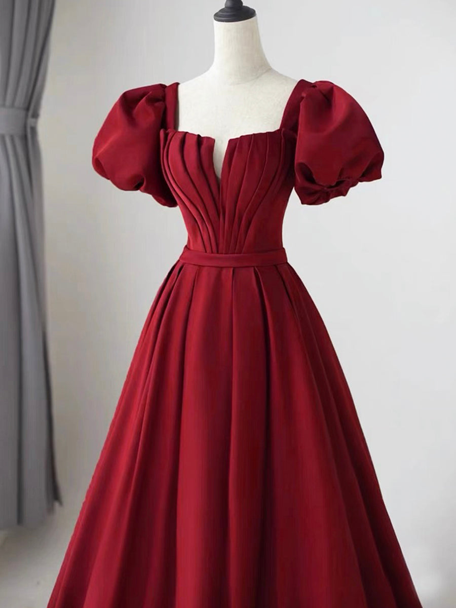 Luolandi Lovely Satin Floor Length Short Sleeves Party Dress A-Line Evening Party Dress Burgundy