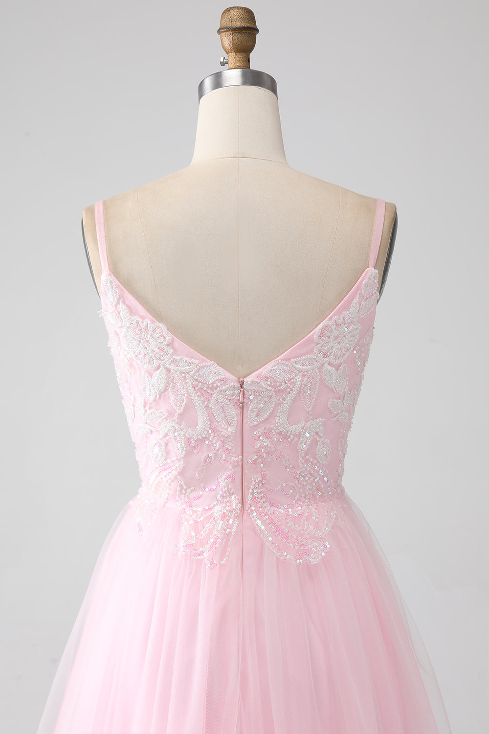 Luolandi Light Pink A-Line Spaghetti Straps Sequins Prom Dress with Beading V-neck Floor Length