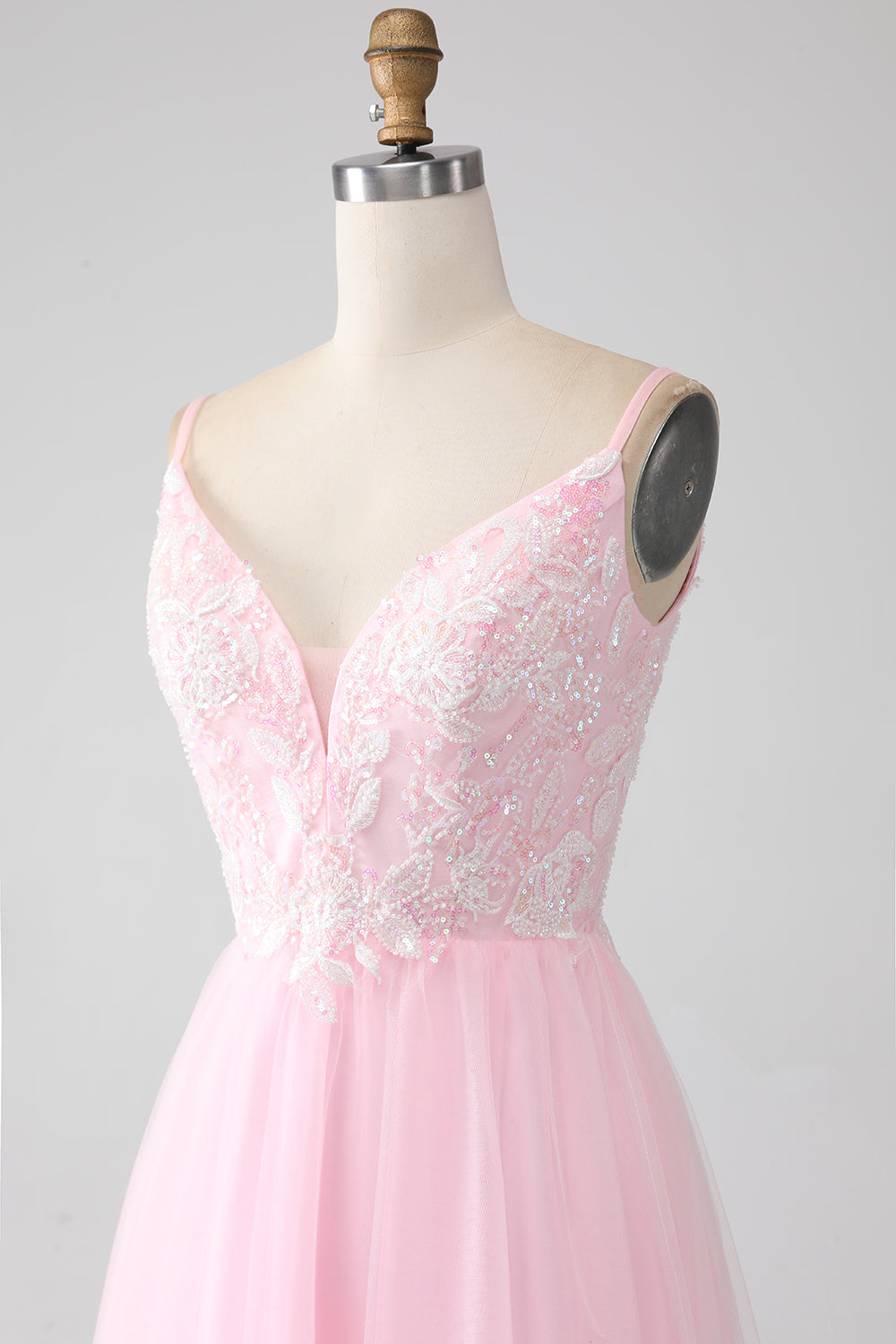 Luolandi Light Pink A-Line Spaghetti Straps Sequins Prom Dress with Beading V-neck Floor Length