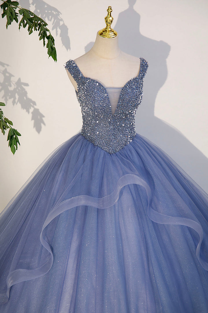 Luolandi Blue Beaded Tulle Long A-Line Prom Dress Blue Formal Evening Dress Sparkly