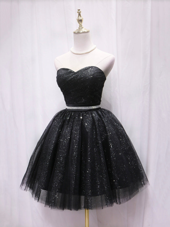 Luolandi Black Strapless Tulle Knee Length Prom Dress Black A-Line Sweetheart Party Dress Homecoming Dresses