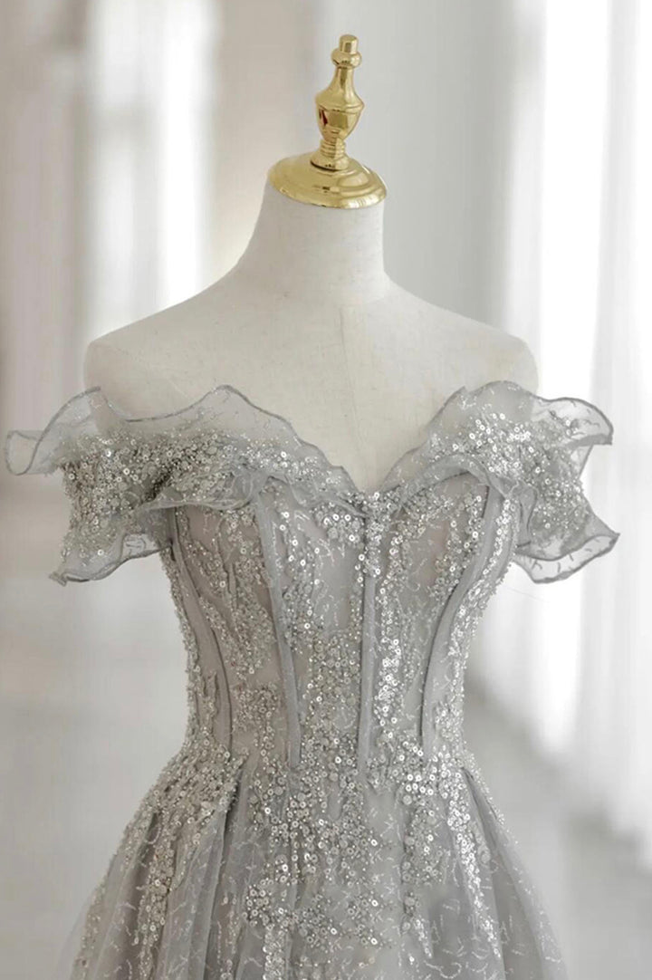 Luolandi Grey Tulle Sequins Long A-Line Prom Dresses Off the Shoulder Evening Dresses Sparkly