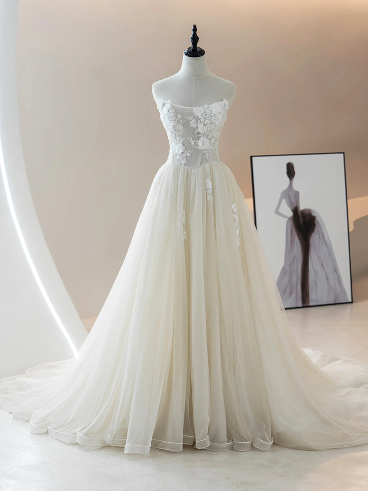 Luolandi Champagne Strapless Tulle Lace Long Prom Dress Lovely A-Line Evening Party Dress Wedding Dress