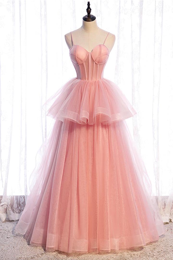 Luolandi Pink Tulle Long Prom Dresses A-Line Evening Dresses Party Dress Charming