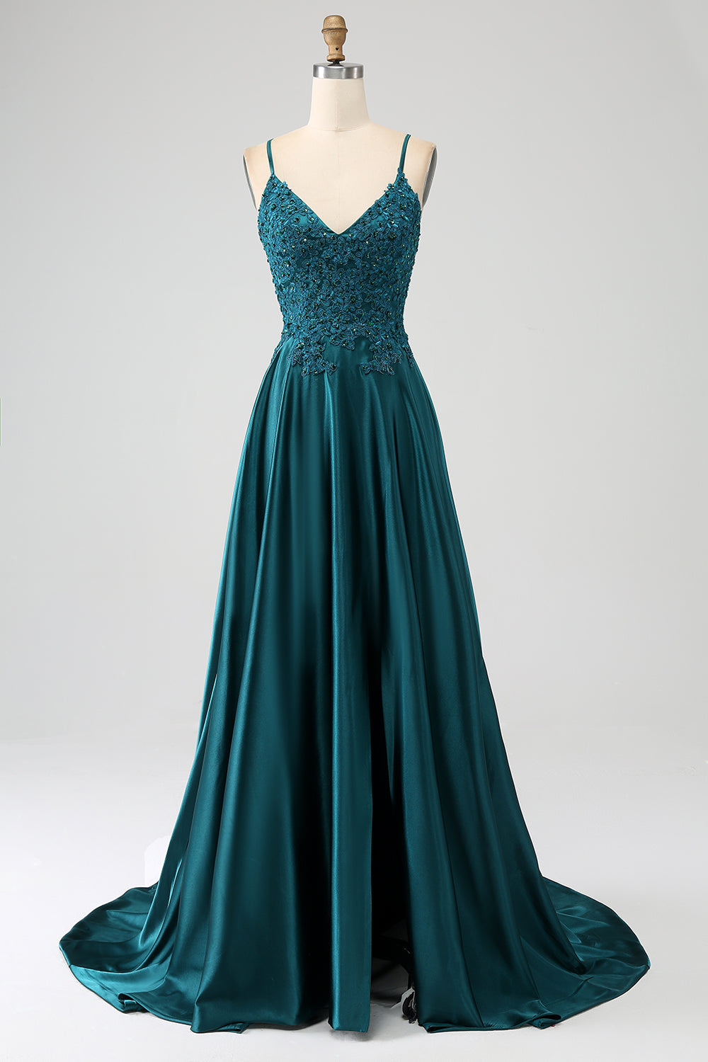 Luolandi Peacock Green A-Line Spaghetti Straps Backless Prom Dress with Slit Sexy Evening Dresses