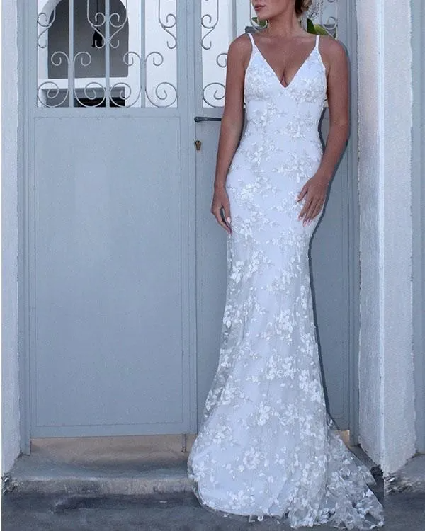 Luolandi Ivory Elegent Lace V-Neck Sleeveless Long Wedding Dress Open Back Sexy
