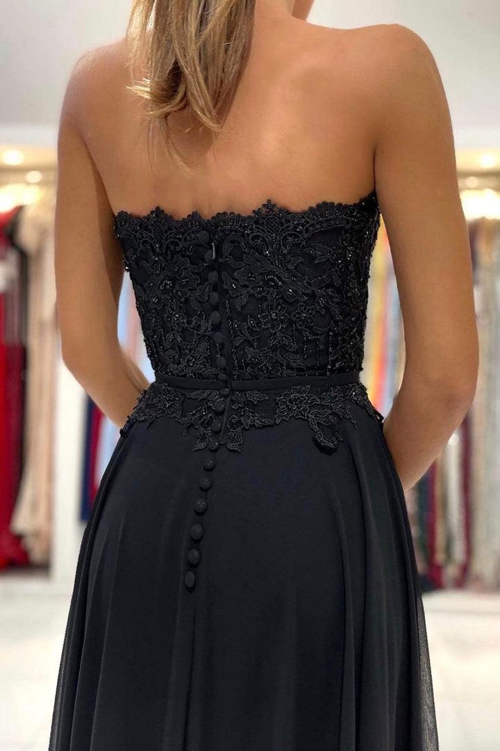 Luolandi Black Chiffon Lace Long Prom Dresses A-Line Strapless Evening Dresses Sexy