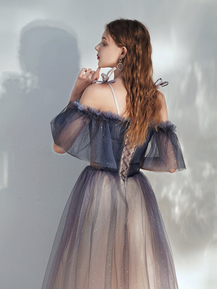 Luolandi Blue Gradient Tulle Long Prom Dress Lovely Spaghetti Strap Evening Dress Sparkly