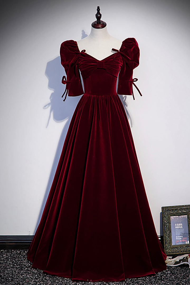 Luolandi Burgundy Velvet Long Prom Dresses A-Line Short Sleeve Evening Dresses Floor Length
