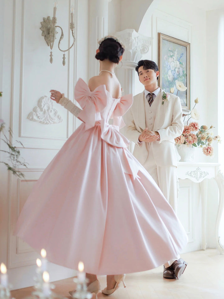 Luolandi Lovely Satin Tea Length Prom Dress Pink Off the Shoulder Evening Party Dress with Bows Sexy