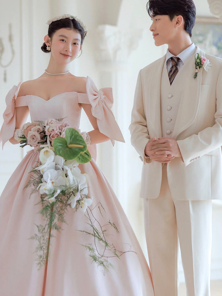 Luolandi Lovely Satin Tea Length Prom Dress Pink Off the Shoulder Evening Party Dress with Bows Sexy