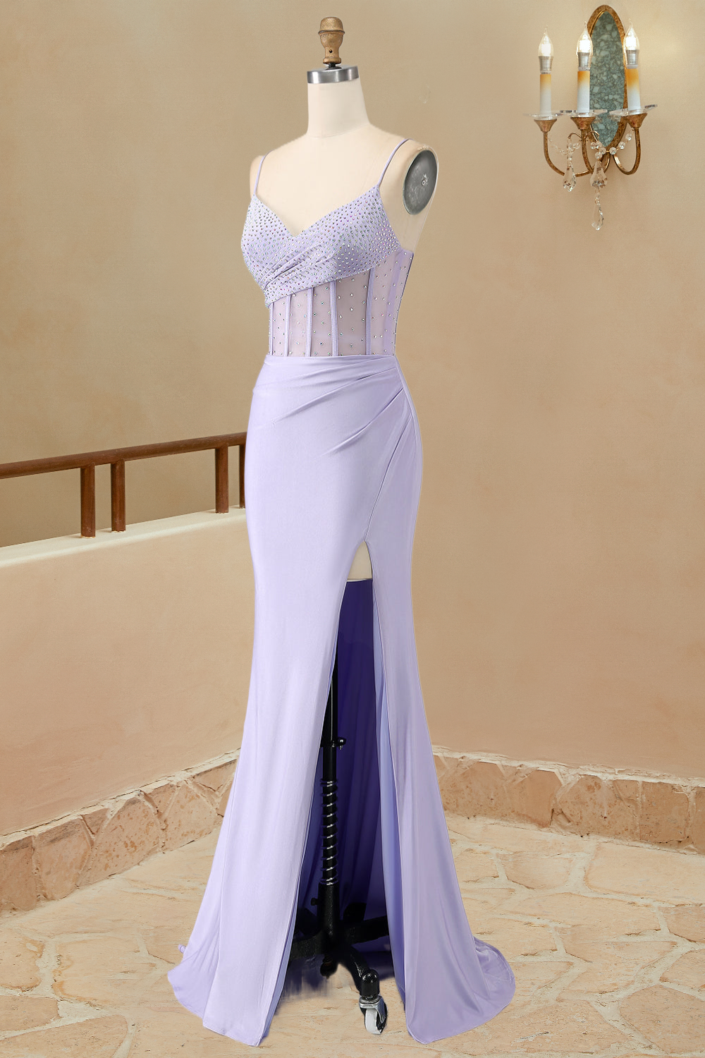 Luolandi Prom Dresses Mermaid Spaghetti Straps Sain With Beading Sexy Evening Dresses With Slit