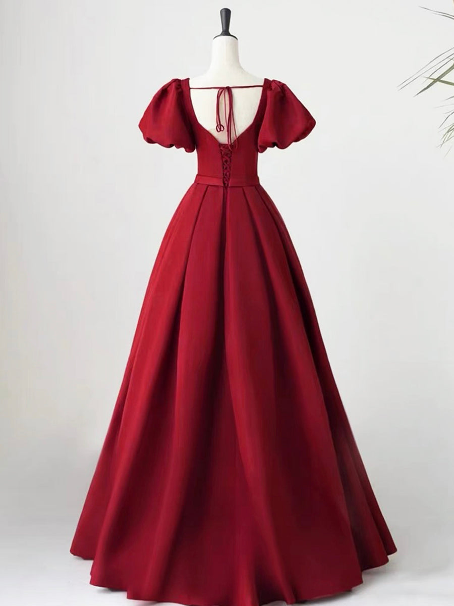 Luolandi Lovely Satin Floor Length Short Sleeves Party Dress A-Line Evening Party Dress Burgundy