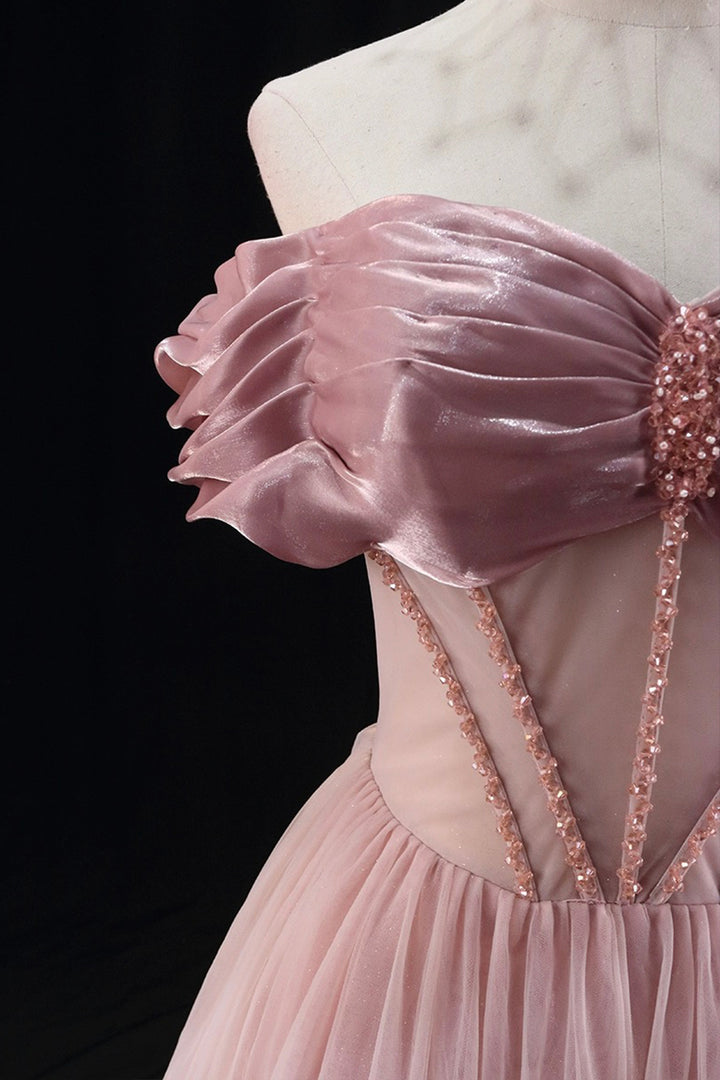 Luolandi A-Line Tulle Beaded Floor Length Prom Dress Lovely Off the Shoulder Evening Party Dress Sexy