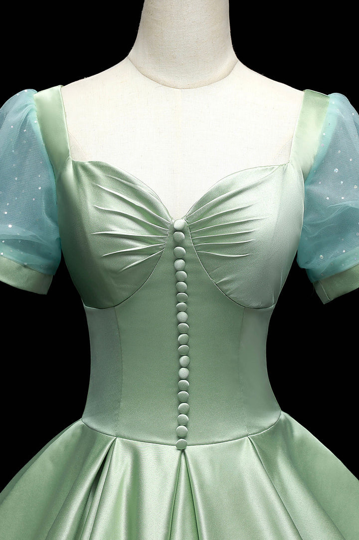 Luolandi Green Satin Long A-Line Ball Gown Green Short Sleeve Evening Gown Prom Dress