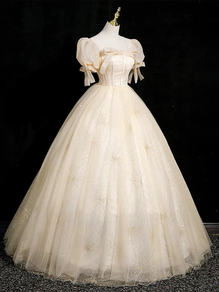 Luolandi Champagne Tulle Floor Length Prom Dress Cute Short Sleeve Evening Party Dress Beautiful