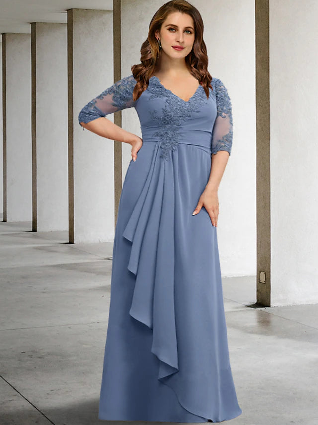 Luolandi A-Line Plus Size Curve Mother of the Bride Dresses Elegant Dress Formal Floor Length Half Sleeve V Neck Chiffon with Pleats