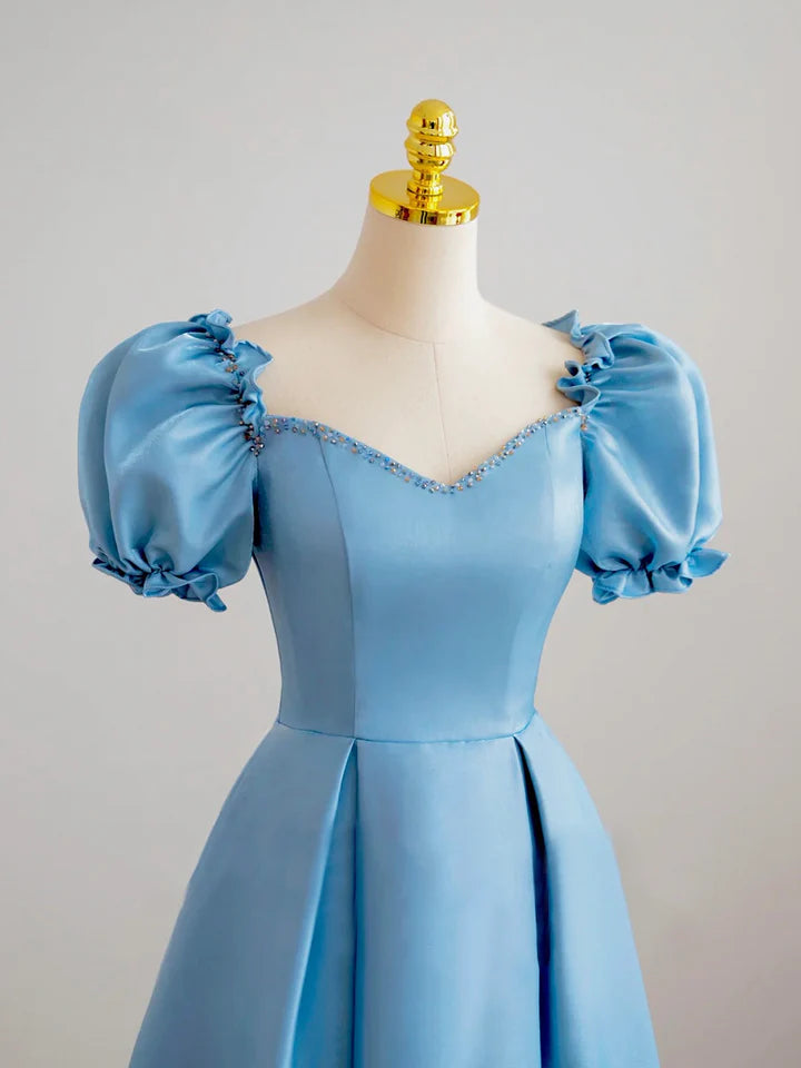 Luolandi Blue Satin Beaded Floor Length Prom Dress Blue A-Line Short Sleeve Evening Dress Beautiful