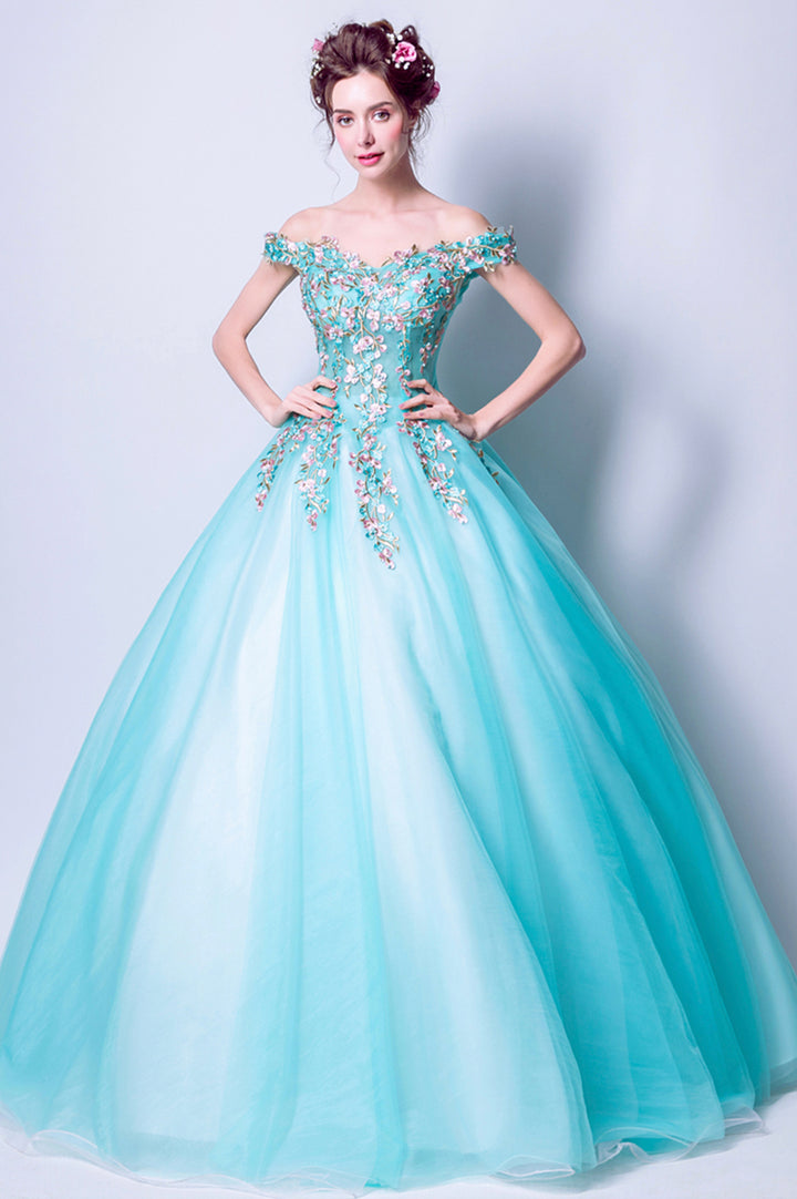Luolandi Blue Tulle Lace Long Prom Dresses A-Line Off the Shoulder Evening Dresses With Flowers