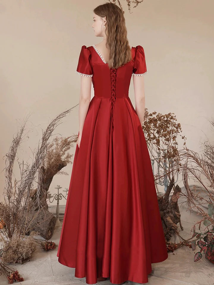 Luolandi Burgundy Satin Long Prom Dress Elegant Short Sleeve A-Line Evening Dress Party Dress Floor Length