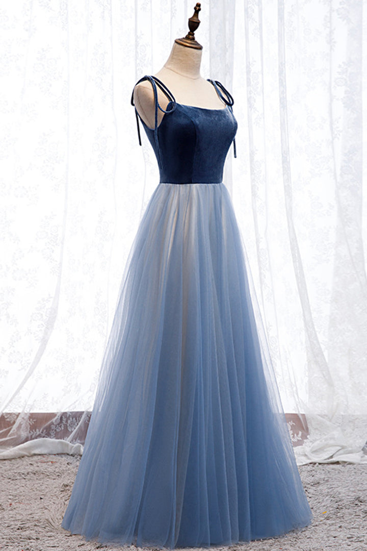 Luolandi Blue Velvet Tulle Long Prom Dresses A-Line Evening Dresses Floor Length