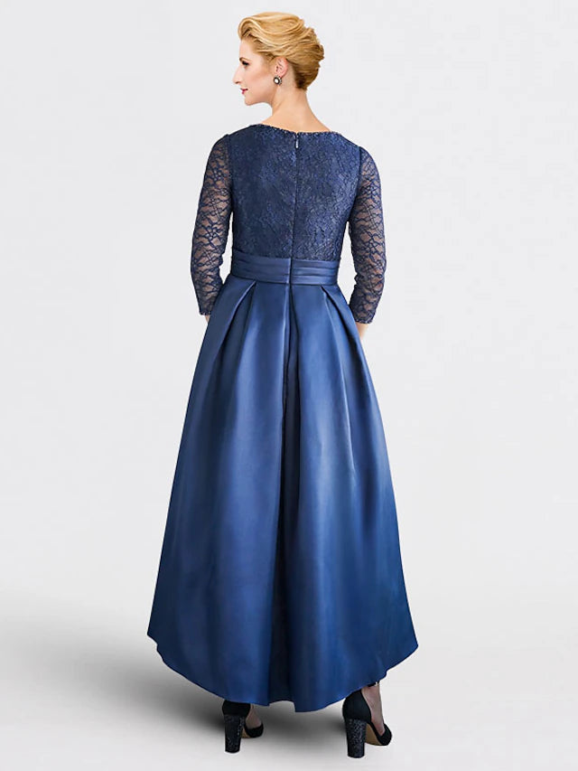 Luolandi A-Line Mother of the Bride Dress Plus Size Elegant V Neck Tea Length Satin Lace 3/4 Length Sleeve