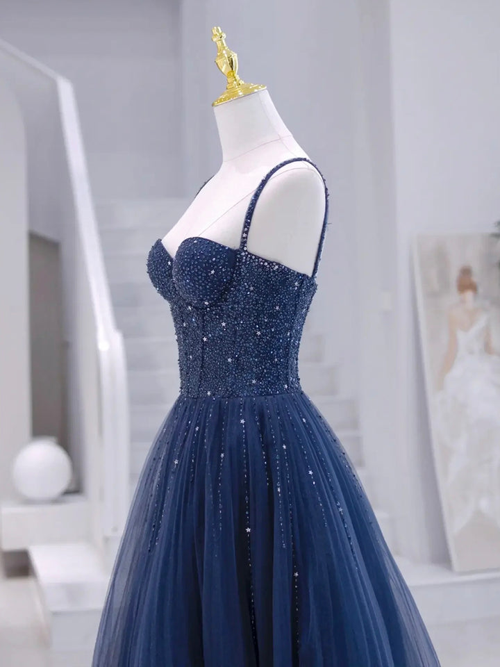 Luolandi Blue Tulle Beaded Long Formal Dress Blue Evening Dress Floor Length Sparkly Prom Dress