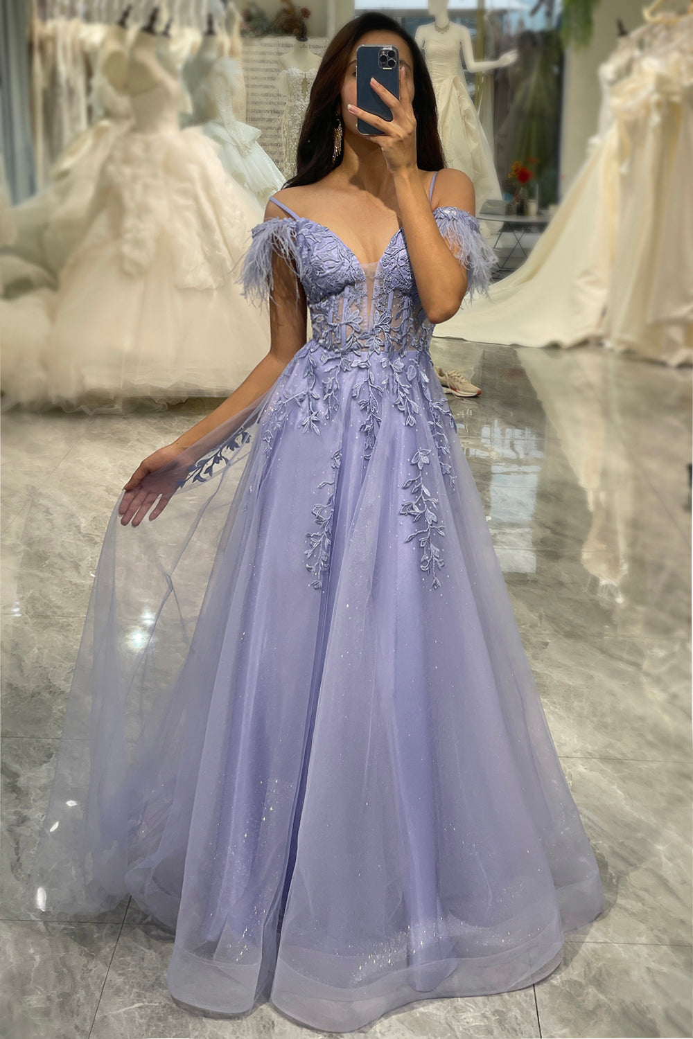 Luolandi Sparkly Lilac A Line Tulle Long Corset Prom Dress With Appliques Beautiful