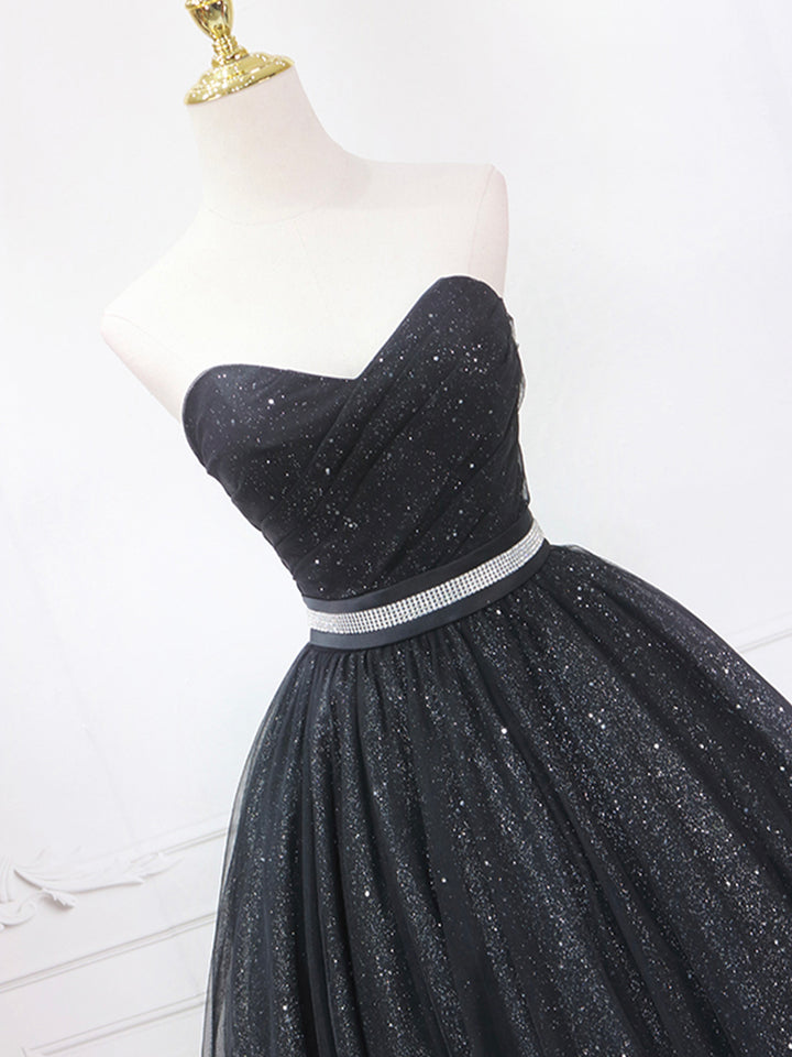 Luolandi Black Strapless Tulle Knee Length Prom Dress Black A-Line Sweetheart Party Dress Homecoming Dresses