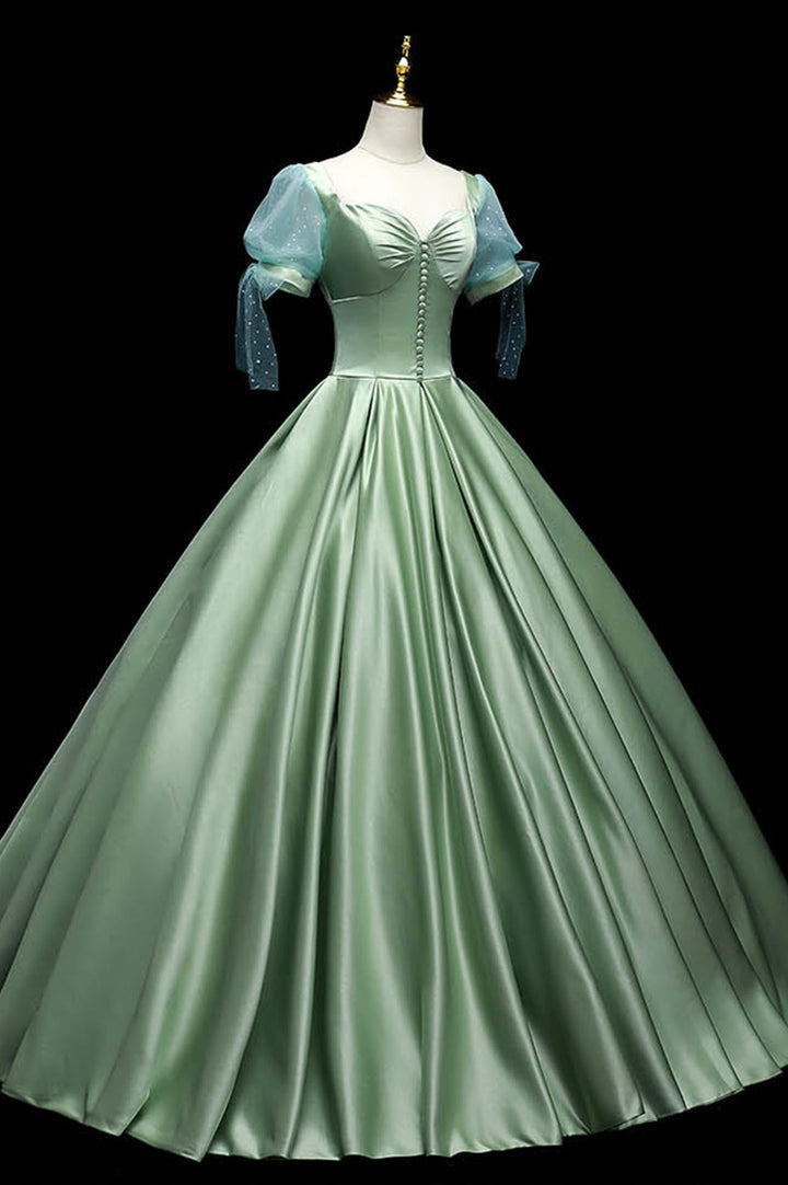 Luolandi Green Satin Long A-Line Ball Gown Green Short Sleeve Evening Gown Prom Dress