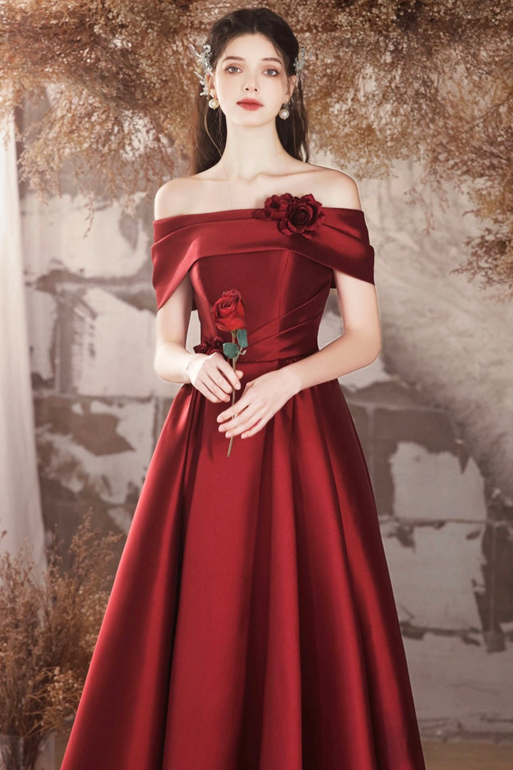 Luolandi Burgundy Satin Long Prom Dress Beautiful Off the Shoulder A-Line Evening Party Dress With Flowers
