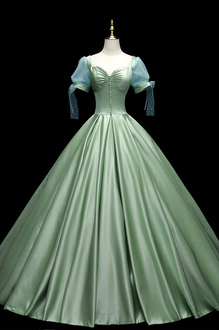 Luolandi Green Satin Long A-Line Ball Gown Green Short Sleeve Evening Gown Prom Dress