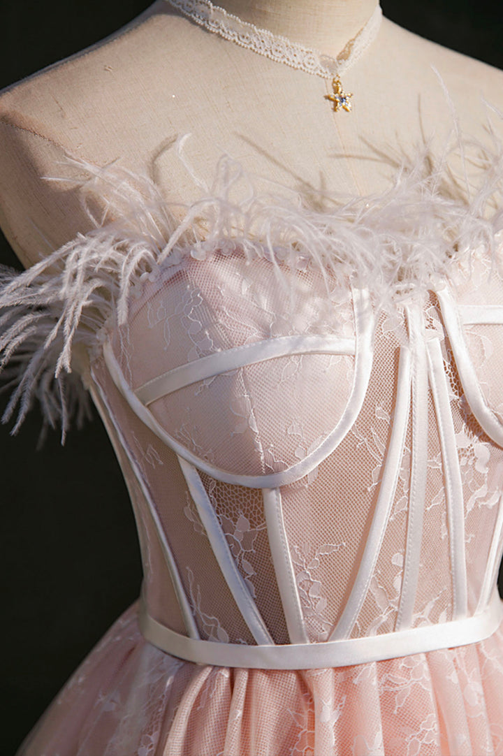 Luolandi Pink Strapless Lace Short Prom Dress A-Line Party Dress with Feather Without Neck accessories